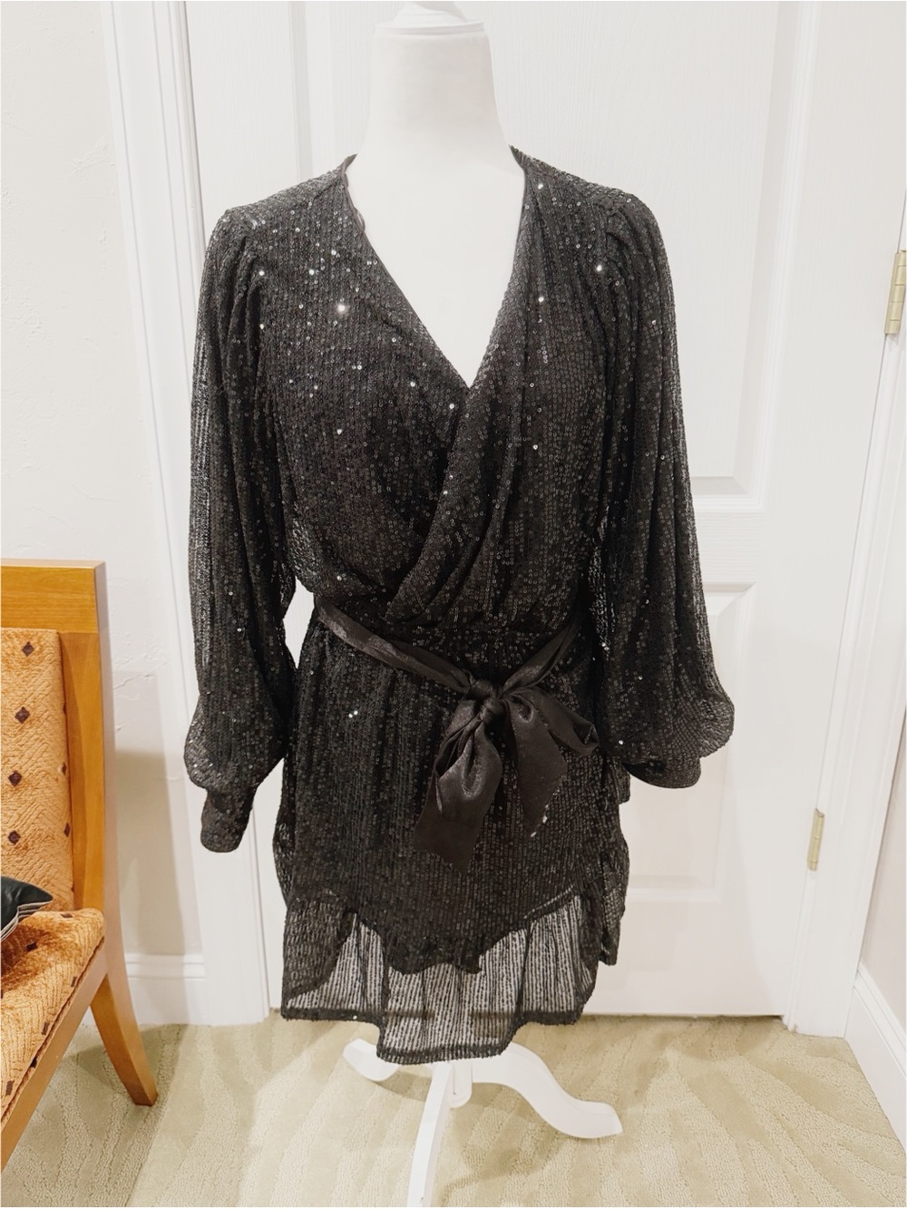 LC Lauren Conrad Black Sequin Wrap Mini Dress with Satin Tie